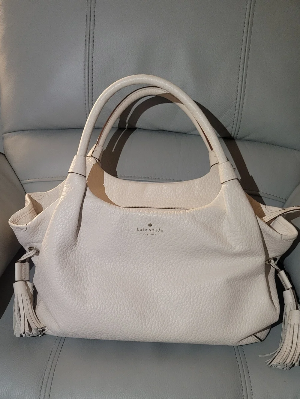 Kate Spade New York Clotted Cream Pebbled Tassel Polka Dot Gold Handbag - Read